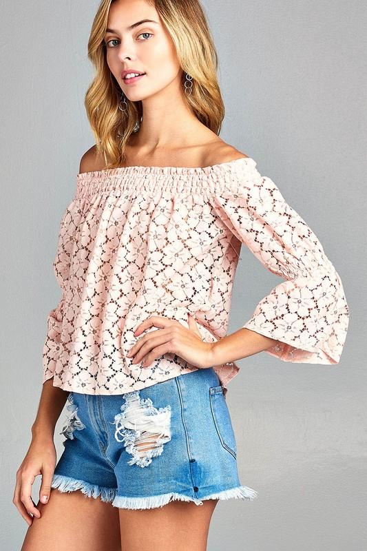 Women's 3/4 Three Quarter Long Sleeve Off Shoulder Floral Lace Top